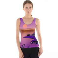 Sunset Sea Ocean Purple Pink Flowers Stone Tank Top by Jancukart