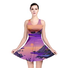 Sunset Sea Ocean Purple Pink Flowers Stone Reversible Skater Dress