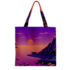 Sunset Sea Ocean Purple Pink Flowers Stone Zipper Grocery Tote Bag