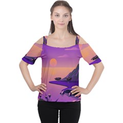 Sunset Sea Ocean Purple Pink Flowers Stone Cutout Shoulder Tee