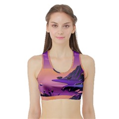 Sunset Sea Ocean Purple Pink Flowers Stone Sports Bra With Border