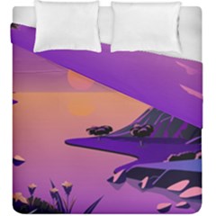 Sunset Sea Ocean Purple Pink Flowers Stone Duvet Cover Double Side (king Size)