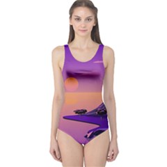 Sunset Sea Ocean Purple Pink Flowers Stone One Piece Swimsuit