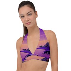 Sunset Sea Ocean Purple Pink Flowers Stone Halter Plunge Bikini Top