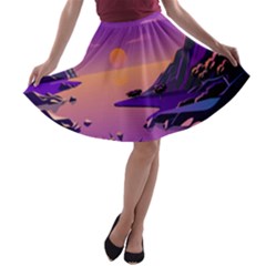 Sunset Sea Ocean Purple Pink Flowers Stone A-line Skater Skirt