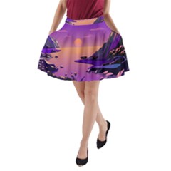 Sunset Sea Ocean Purple Pink Flowers Stone A-line Pocket Skirt