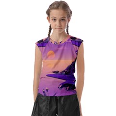 Sunset Sea Ocean Purple Pink Flowers Stone Kids  Raglan Cap Sleeve Tee