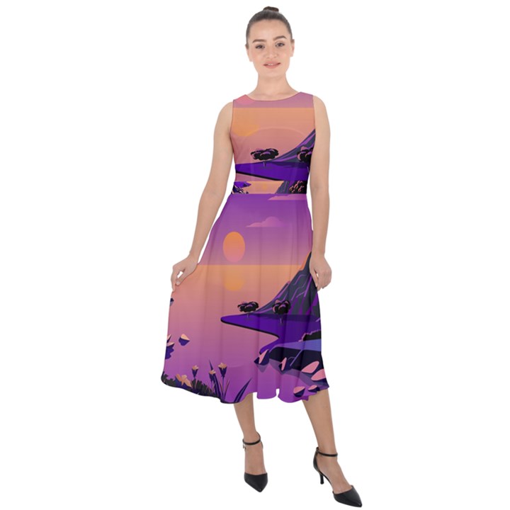 Sunset Sea Ocean Purple Pink Flowers Stone Midi Tie-Back Chiffon Dress