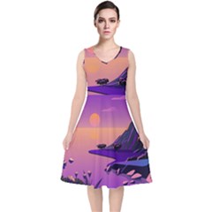 Sunset Sea Ocean Purple Pink Flowers Stone V-neck Midi Sleeveless Dress 