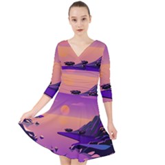 Sunset Sea Ocean Purple Pink Flowers Stone Quarter Sleeve Front Wrap Dress by Jancukart