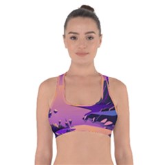 Sunset Sea Ocean Purple Pink Flowers Stone Cross Back Sports Bra by Jancukart