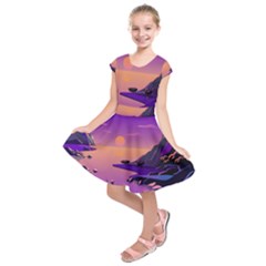 Sunset Sea Ocean Purple Pink Flowers Stone Kids  Short Sleeve Dress by Jancukart