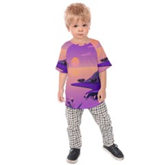 Sunset Sea Ocean Purple Pink Flowers Stone Kids  Raglan Tee