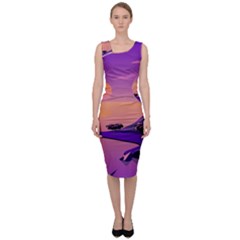 Sunset Sea Ocean Purple Pink Flowers Stone Sleeveless Pencil Dress