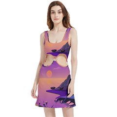 Sunset Sea Ocean Purple Pink Flowers Stone Velour Cutout Dress