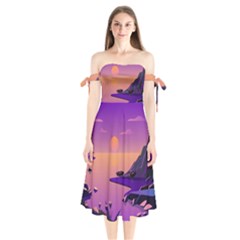 Sunset Sea Ocean Purple Pink Flowers Stone Shoulder Tie Bardot Midi Dress by Jancukart