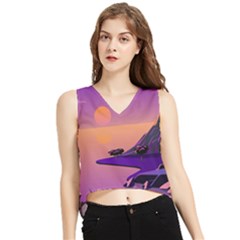 Sunset Sea Ocean Purple Pink Flowers Stone V-neck Cropped Tank Top