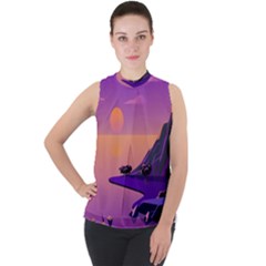 Sunset Sea Ocean Purple Pink Flowers Stone Mock Neck Chiffon Sleeveless Top