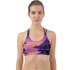 Sunset Sea Ocean Purple Pink Flowers Stone Back Web Sports Bra