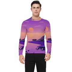 Sunset Sea Ocean Purple Pink Flowers Stone Men s Long Sleeve Rash Guard by Jancukart