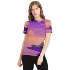 Sunset Sea Ocean Purple Pink Flowers Stone Women s Short Sleeve Rash Guard by Jancukart