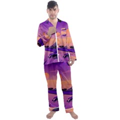 Sunset Sea Ocean Purple Pink Flowers Stone Men s Long Sleeve Satin Pajamas Set