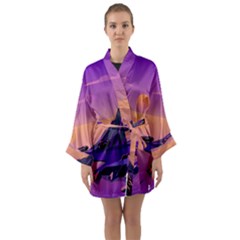 Sunset Sea Ocean Purple Pink Flowers Stone Long Sleeve Satin Kimono