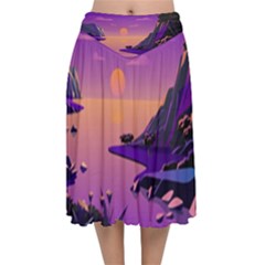 Sunset Sea Ocean Purple Pink Flowers Stone Velvet Flared Midi Skirt by Jancukart