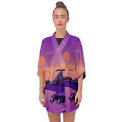 Sunset Sea Ocean Purple Pink Flowers Stone Half Sleeve Chiffon Kimono