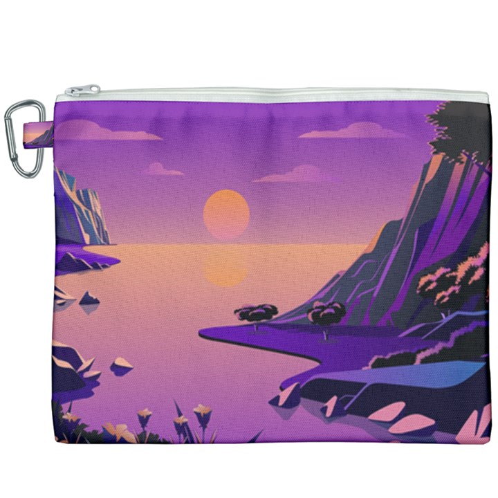 Sunset Sea Ocean Purple Pink Flowers Stone Canvas Cosmetic Bag (XXXL)