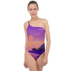 Sunset Sea Ocean Purple Pink Flowers Stone Classic One Shoulder Swimsuit by Jancukart