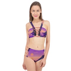 Sunset Sea Ocean Purple Pink Flowers Stone Cage Up Bikini Set