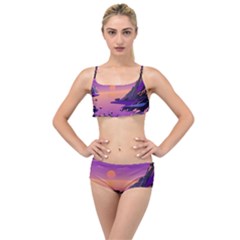 Sunset Sea Ocean Purple Pink Flowers Stone Layered Top Bikini Set by Jancukart