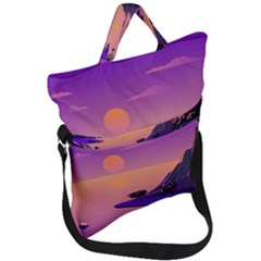 Sunset Sea Ocean Purple Pink Flowers Stone Fold Over Handle Tote Bag