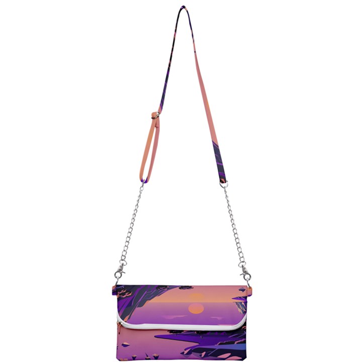 Sunset Sea Ocean Purple Pink Flowers Stone Mini Crossbody Handbag