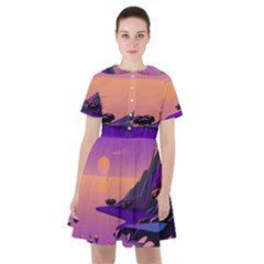 Sunset Sea Ocean Purple Pink Flowers Stone Sailor Dress by Jancukart