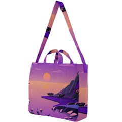 Sunset Sea Ocean Purple Pink Flowers Stone Square Shoulder Tote Bag