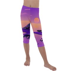 Sunset Sea Ocean Purple Pink Flowers Stone Kids  Lightweight Velour Capri Leggings 