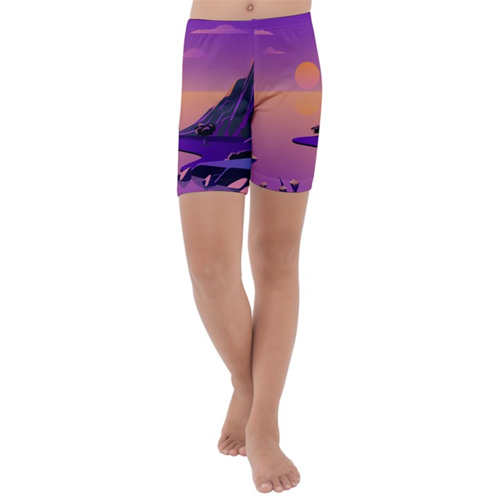 Sunset Sea Ocean Purple Pink Flowers Stone Kids  Lightweight Velour Capri Yoga Leggings