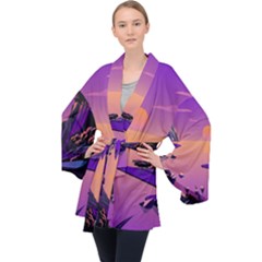 Sunset Sea Ocean Purple Pink Flowers Stone Long Sleeve Velvet Kimono  by Jancukart