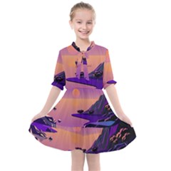 Sunset Sea Ocean Purple Pink Flowers Stone Kids  All Frills Chiffon Dress