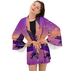 Sunset Sea Ocean Purple Pink Flowers Stone Long Sleeve Kimono by Jancukart