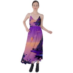 Sunset Sea Ocean Purple Pink Flowers Stone Tie Back Maxi Dress by Jancukart