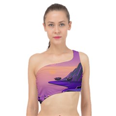 Sunset Sea Ocean Purple Pink Flowers Stone Spliced Up Bikini Top  by Jancukart