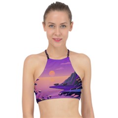 Sunset Sea Ocean Purple Pink Flowers Stone Racer Front Bikini Top