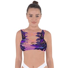 Sunset Sea Ocean Purple Pink Flowers Stone Bandaged Up Bikini Top