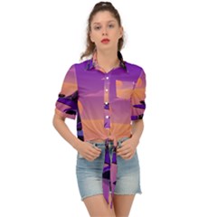 Sunset Sea Ocean Purple Pink Flowers Stone Tie Front Shirt 