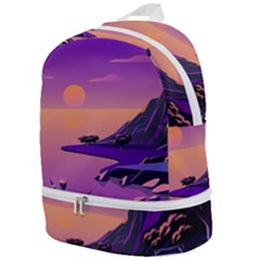 Sunset Sea Ocean Purple Pink Flowers Stone Zip Bottom Backpack