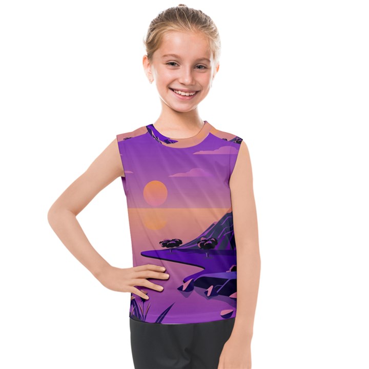 Sunset Sea Ocean Purple Pink Flowers Stone Kids  Mesh Tank Top