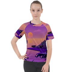 Sunset Sea Ocean Purple Pink Flowers Stone Women s Sport Raglan Tee